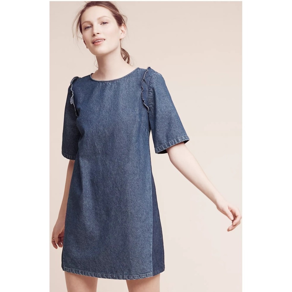 Anthropologie Loup Denim Ruffle Mini Dress XS Blue Two Tone Short Sleeve Shift